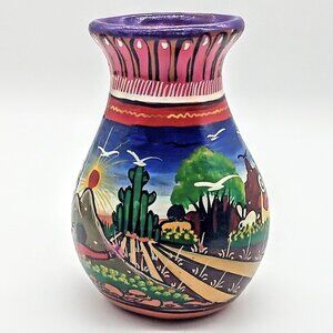 Multicolor Hand-Painted Mexican Red Clay Vase